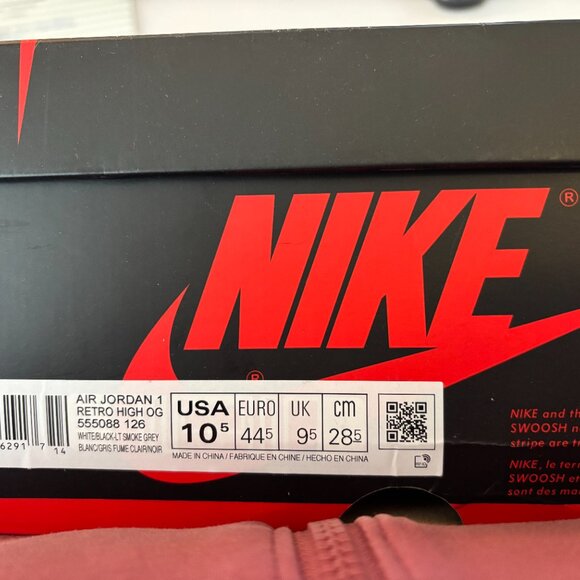 Size 10.5 Air Jordan 1 Retro High OG: White Black/Smoke Grey